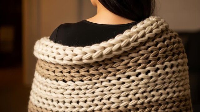 Woman wearing a chunky knit blanket wrap in neutral tones