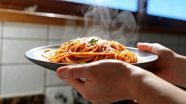 Hands holding bowl of hot steaming spaghetti pasta with tomato sauce