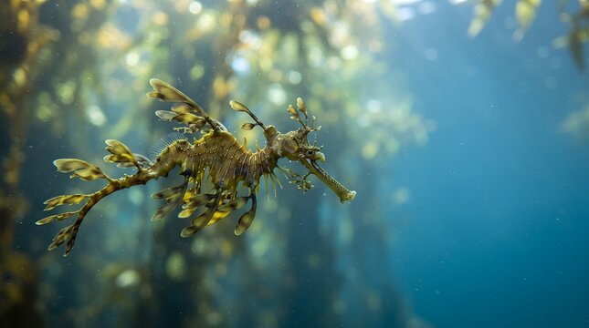 Leafy Seadragon Swimming Through Kelp Forest Underwater.