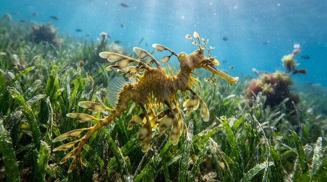 Leafy Seadragon Swimming Through Underwater Seagrass Meadow.