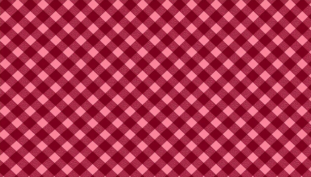 Red and pink diagonal gingham pattern tablecloth texture background. Seamless fabric texture, summer picnic design, restaurant menu backdrop, BBQ party theme, and rustic kitchen decoration.