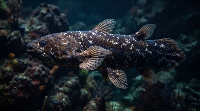 Rare Coelacanth fish swimming in deep ocean waters.
