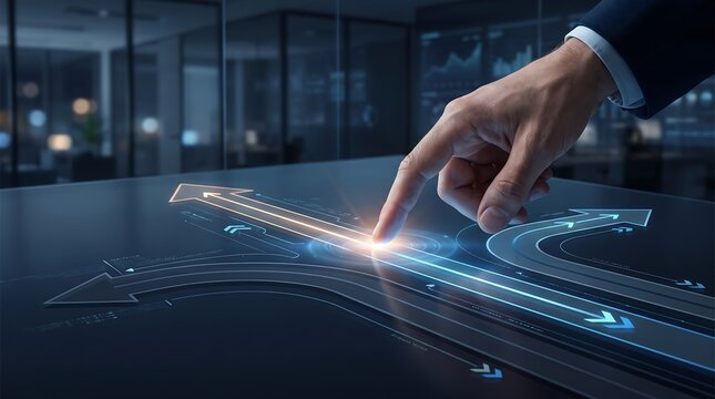 Process optimization strategy concept featuring a business hand pressing a glowing forward arrow on digital interface