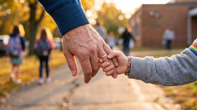 A hand holding a child's hand while walking toward the school building during autumn