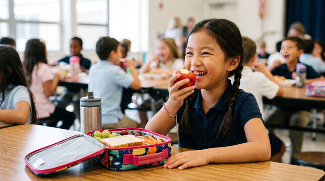 Happy young girl eating an apple during lunch break at school cafeteria