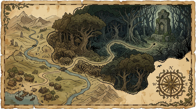 Hand drawn fantasy map showing a quest path from a coastal village to an ancient forest temple.