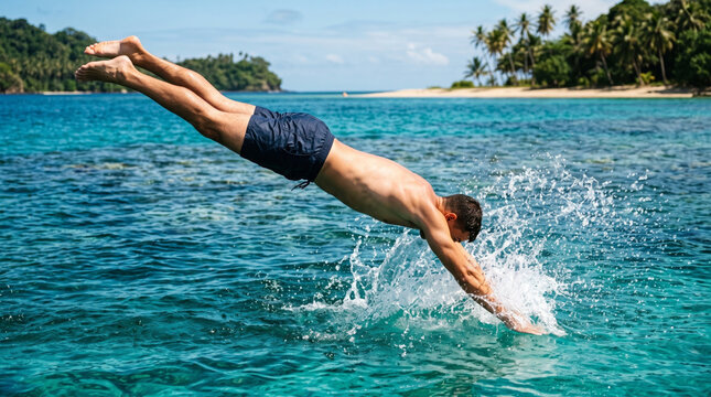 Man dives into clear blue ocean water creating a splash with tropical island in background