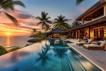 Fototapeta premium Infinity pool overlooking ocean sunset at tropical villa