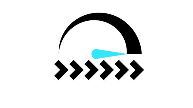 Animated black speedometer gauge with blue needle isolated on a white background. Graphic showing speed, performance, internet optimization, and limits.