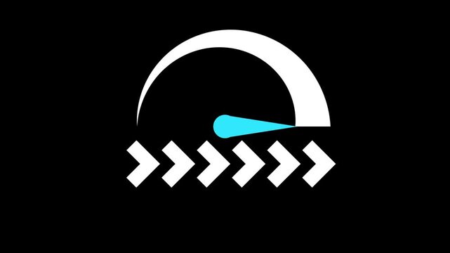 Animated white speedometer gauge with blue needle on a black background. Motion graphic depicting speed, performance, optimization, and measurement.