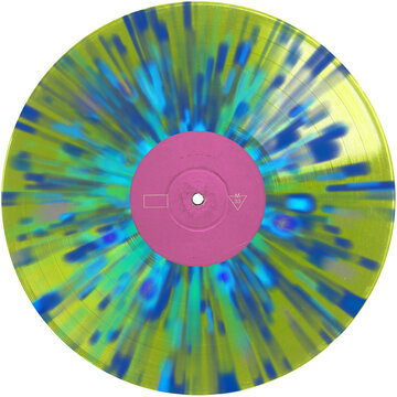 Lime transparent retro style blue wave splatter vinyl record pink label. realistic photography. png isolated on transparent background for graphic design