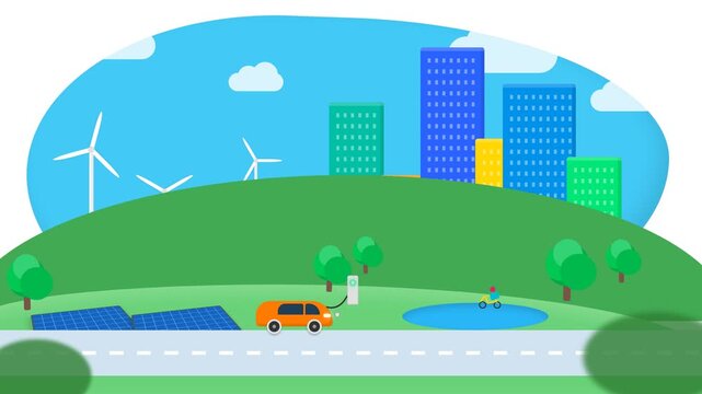 Electric car charging near solar panels and green smart city