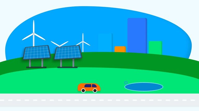 Solar panels and wind turbines powering electric car in eco city