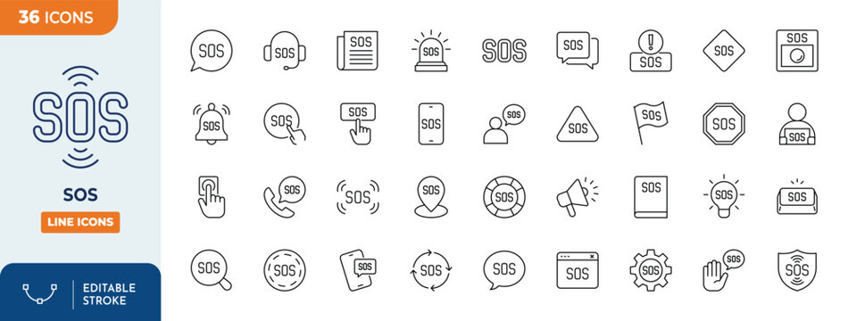 SOS icon set. contain icons related to Emergency, SOS, Help, Support, and more. Editable stroke. Vector illustration