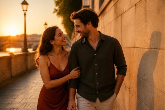 Couple walking arm in arm along riverside promenade at sunset