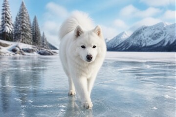 Fototapeta premium White dog walking on frozen lake with snowy mountains winter landscape