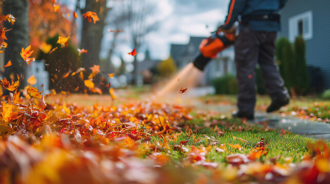 Gardener using a leaf blower to clear colorful fallen autumn leaves from a residential lawn, representing seasonal yard maintenance, landscaping, gardening services, outdoor work, and property care.