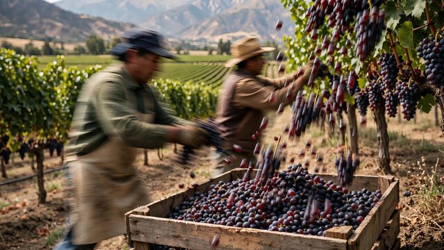 Dynamic motion blur of two Hispanic agricultural workers rapidly harvesting ripe Vitis vinifera grapes into a wooden crate in a picturesque mountain valley vineyard during autumn harvest