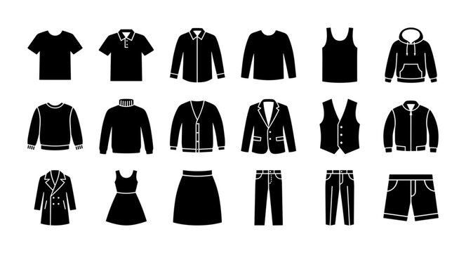 Collection of black and white clothing icons including shirts, sweaters, jackets, skirts, pants, and shorts in various styles on transparent background