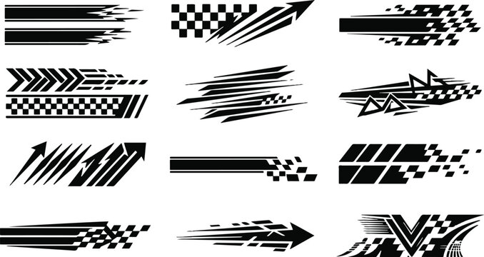 Set of black racing decals speed stripes checkered flags and dynamic arrows graphics vinyl graphics car stickers