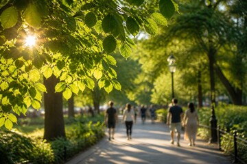 Obraz premium Sunlight filtering through leaves over park walkway in afternoon