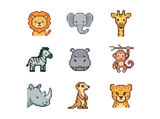 Naklejka premium Safari Animal Pixel Art Icon Set Cute 8 Bit Wildlife Collection Isolated on White