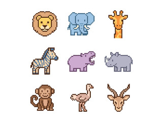 Naklejka premium Safari Animal Pixel Art Icon Set on White Background