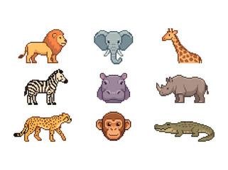 Naklejka premium Safari Animal Pixel Art Icon Set on White Background