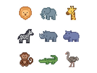 Naklejka premium Pixel Art Safari Animals Icon Set Vector Illustration on White Background