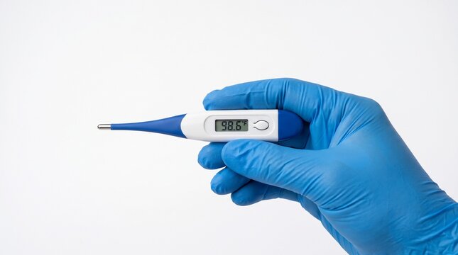 Hand wearing blue medical glove holding digital thermometer showing 98.6 degrees Fahrenheit
