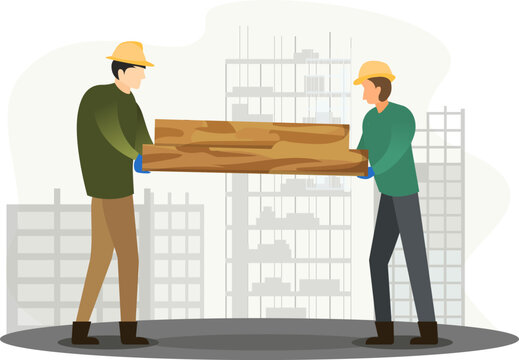 Two construction workers are lifting pieces of wood for the building at the project site, building and construction concept