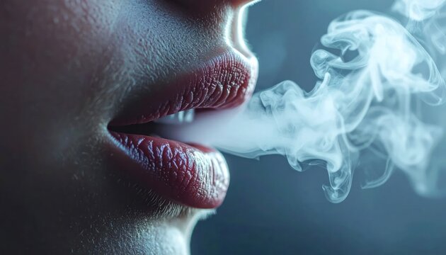 Close-up Macro of Woman's Red Lips Exhaling White Smoke, Moody Lighting
