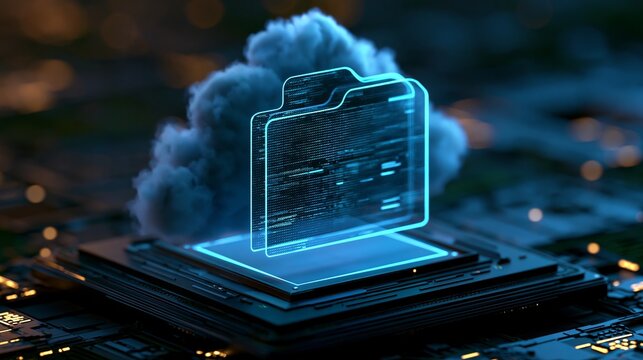 Digital cloud storage folder glowing above computer microchip processor board with folder icon data storage cloud computing cyber security information technology electronic cir