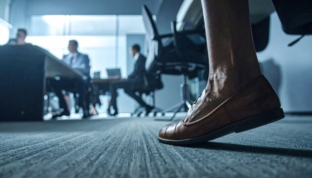 Businesswoman's Foot in a Brown Loafer Shoe Moving Forward in a Modern Office Meeting Room