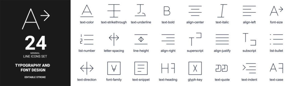 Typography and font design line icon set showing bold align italic list bullet spacing height superscript subscript case