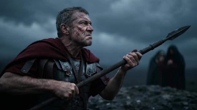 Brutal angry roman centurion wearing traditional armor and red cape holds a sharp wooden spear at rocky golgotha under a dark stormy sky during the historical biblical passion narrative