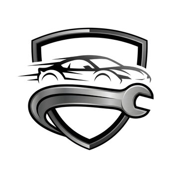 Automotive Repair Service Logo with Speeding Car and Wrench on Shield.