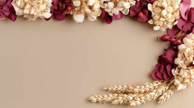 Dried flowers and wheat stalks framing beige background, autumn floral arrangement and seasonal design template with copy space