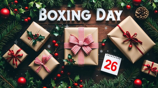 Boxing day background with gift boxes and calendar date 26