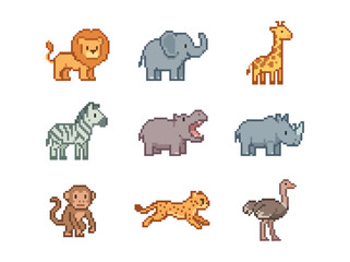Fototapeta premium Safari Animal Pixel Art Icon Set on White Background