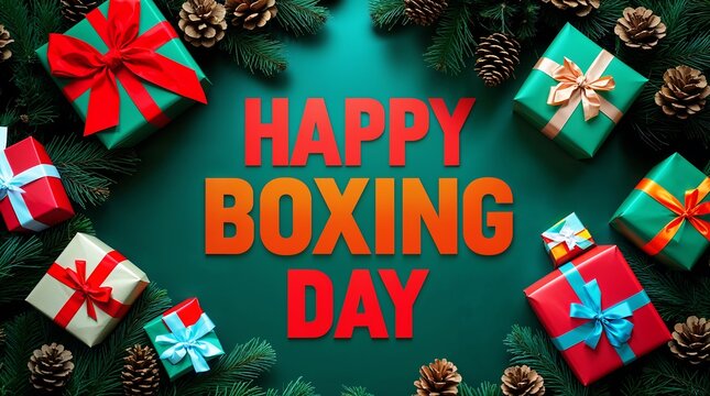 Happy boxing day greeting card with gift boxes and pine cones