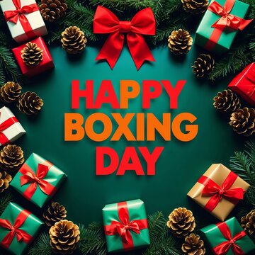 Happy boxing day greeting card with gift boxes and pine cones on green