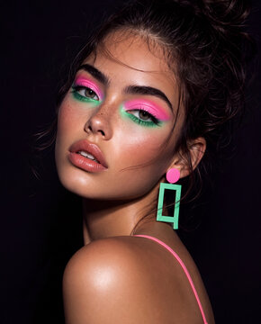 Striking close-up of a model with bold neon pink and green eyeshadow, messy bun hairstyle and colorful geometric earring