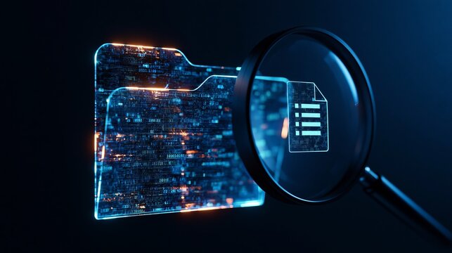 Magnifying glass examining digital folder file icon data security concept with cyber security information search database search file management tech concept security scanning