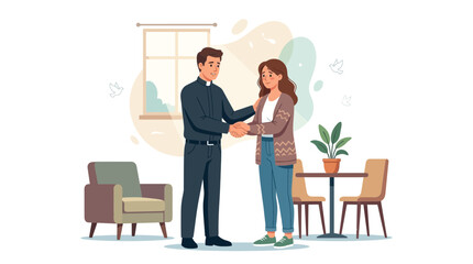 Obraz premium Priest offers comfort and support to a distressed woman, symbolizing spiritual guidance and empathy in a home setting.