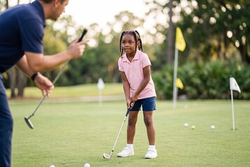 Obraz premium Young Girl Receiving Golf Instruction from Coach on Putting Green at Practice Facility