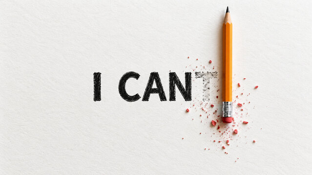 Pencil erasing the letter T from I CANT to change it to I CAN