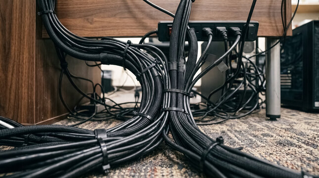 Organized Chaos: A tangled web of black electrical cords and cables is neatly bundled and secured with zip ties beneath a wooden desk, showcasing a complex yet managed network of technology and power.