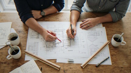 High angle view of two architects collaborating on house floor plans at a wooden table with coffee cups and drafting tools. © dang