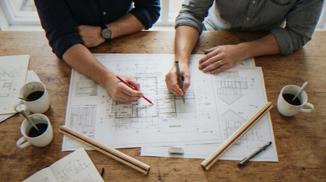 High angle view of two architects collaborating on house floor plans at a wooden table with coffee cups and drafting tools.